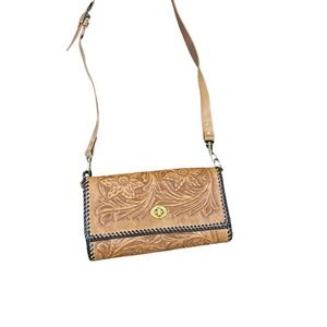 1970s Brown Tooled Leather Wallet Shoulder Purse Braided Trim *